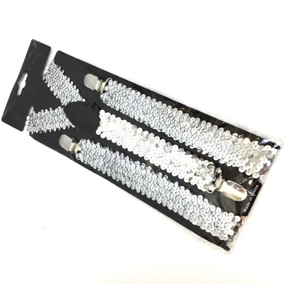 Suspenders Silver Sequin Y Stretch Clip On NWT NOS - Picture 3 of 11
